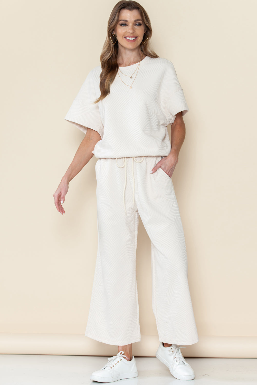 Gray Textured Loose Fit T Shirt & Drawstring Pants Set