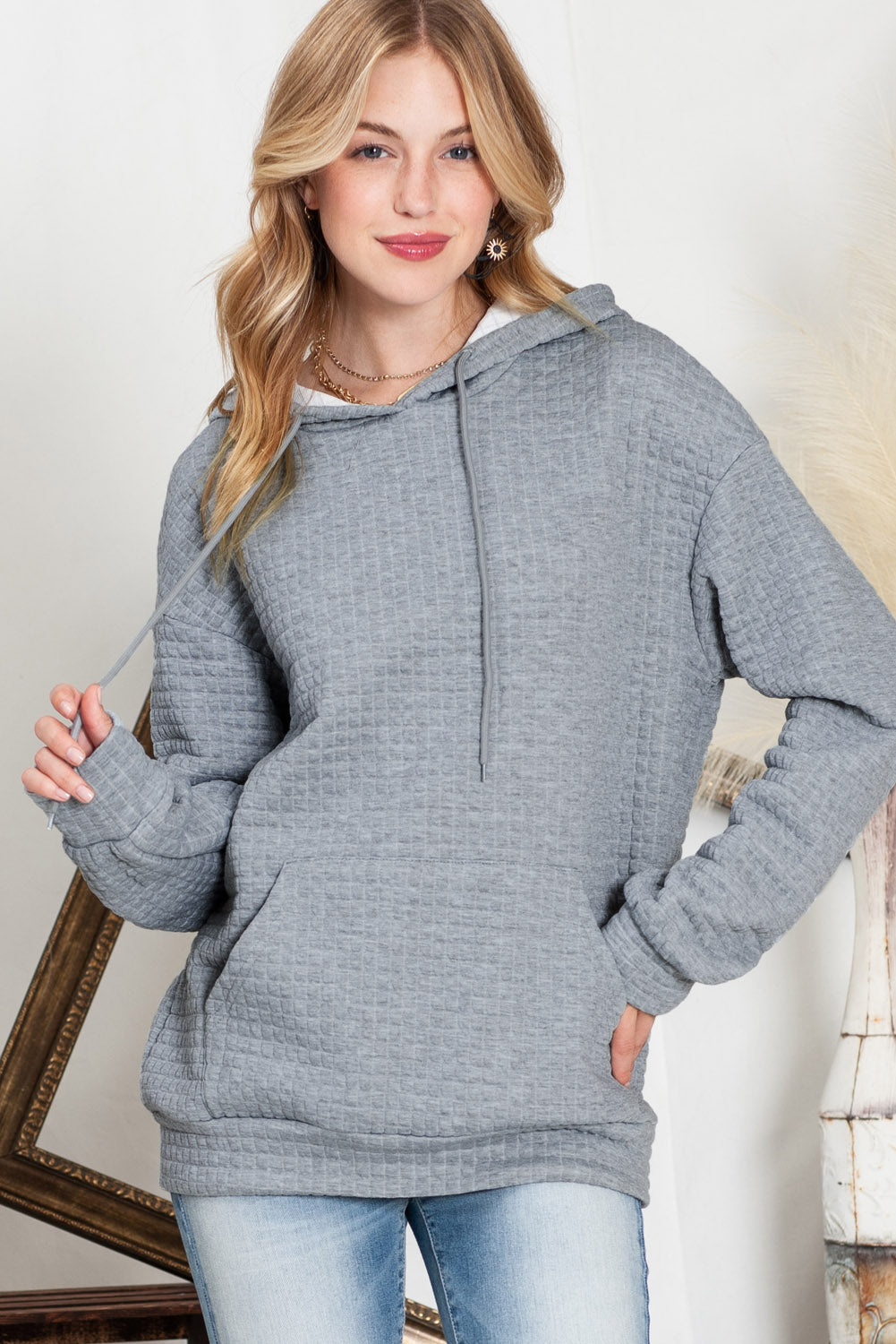 Black Lattice Textured Kangaroo Pocket Drawstring Hoodie
