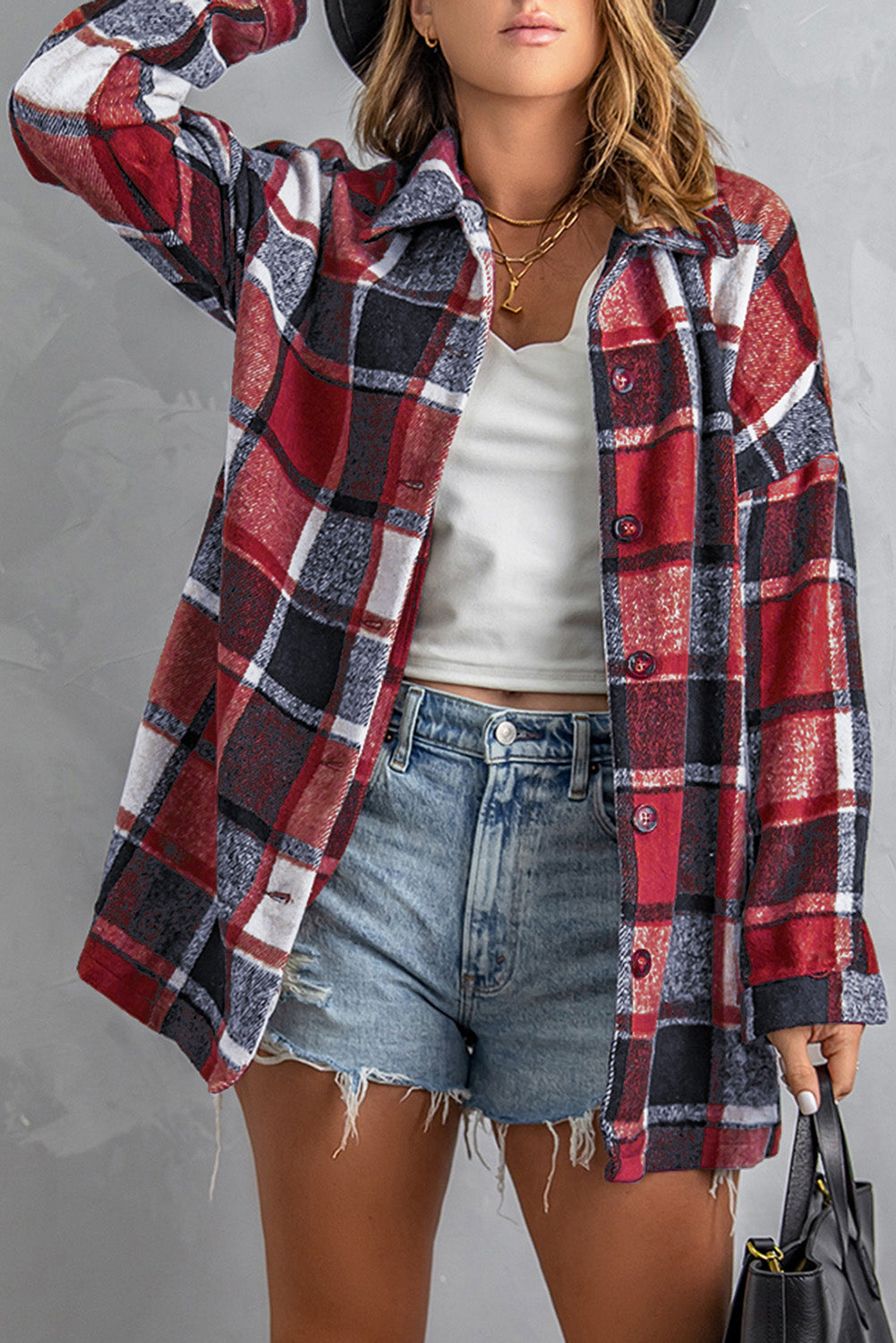 Red and Grey Button Up Flannel Plaid Shacket
