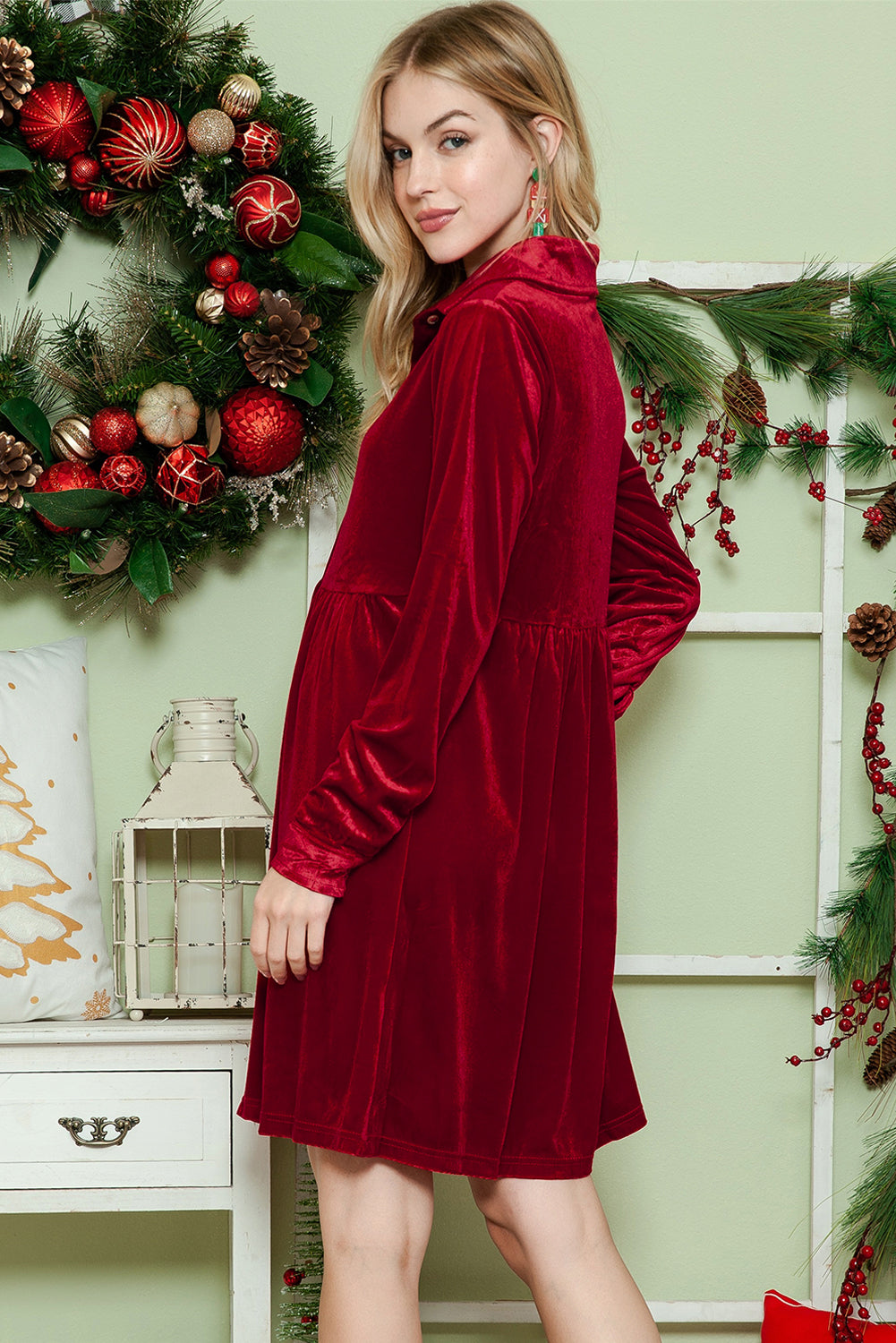Rose Long Sleeve Ruffle Velvet Button Up Shirt Dress