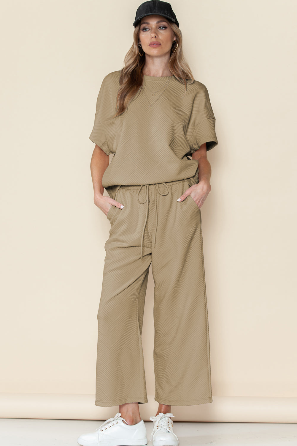 Gray Textured Loose Fit T Shirt & Drawstring Pants Set