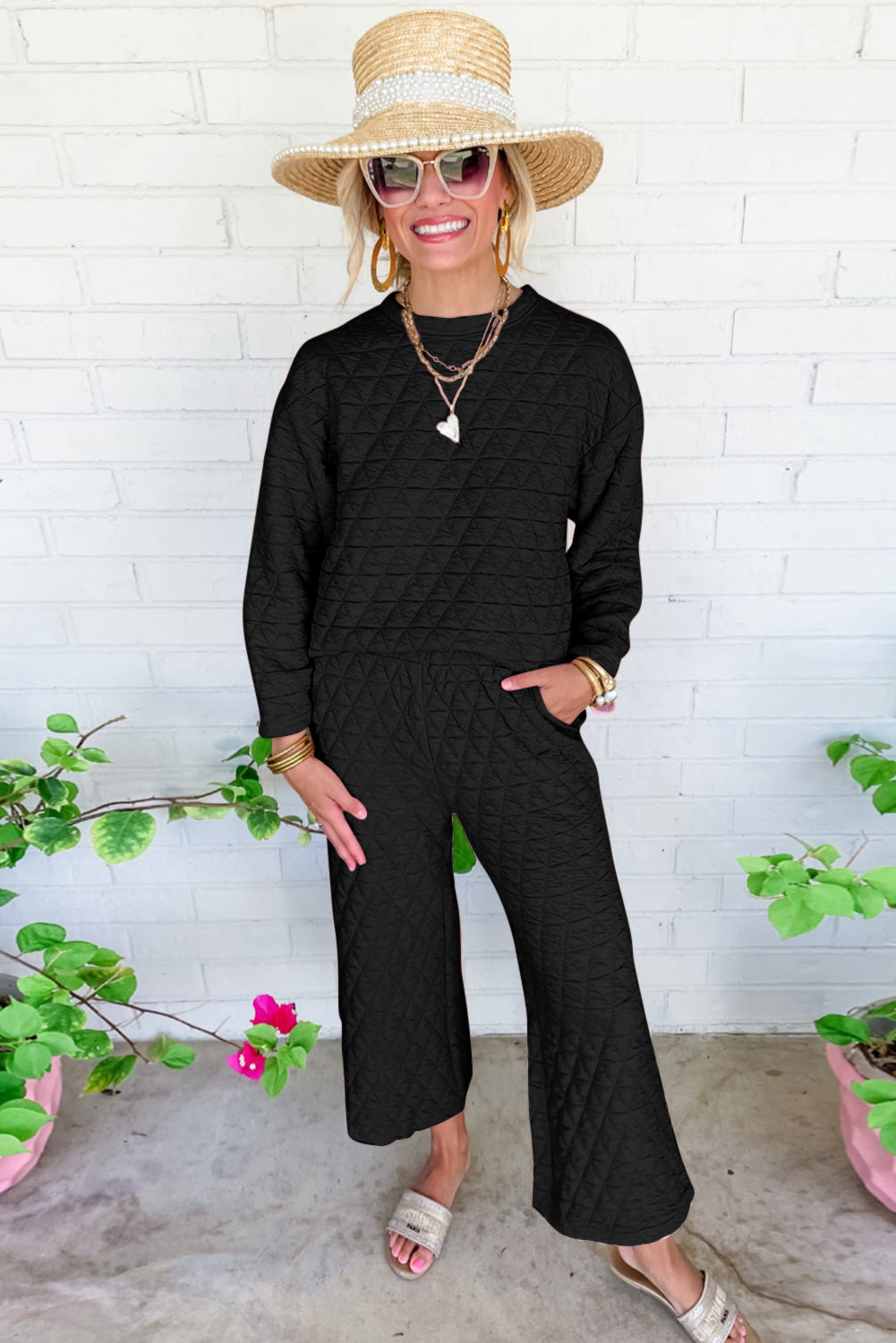 Dark Grey Solid Color Quilted Long Sleeve Top and Wide Leg Pants Set