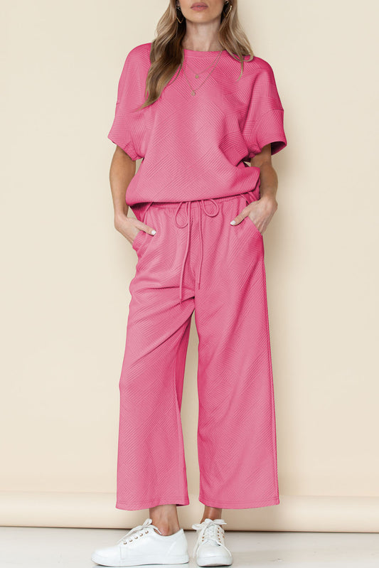 Gray Textured Loose Fit T Shirt & Drawstring Pants Set