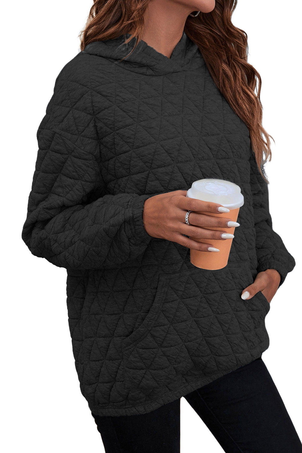 Black Thermal Quilted Kangaroo Pocket Hoodie
