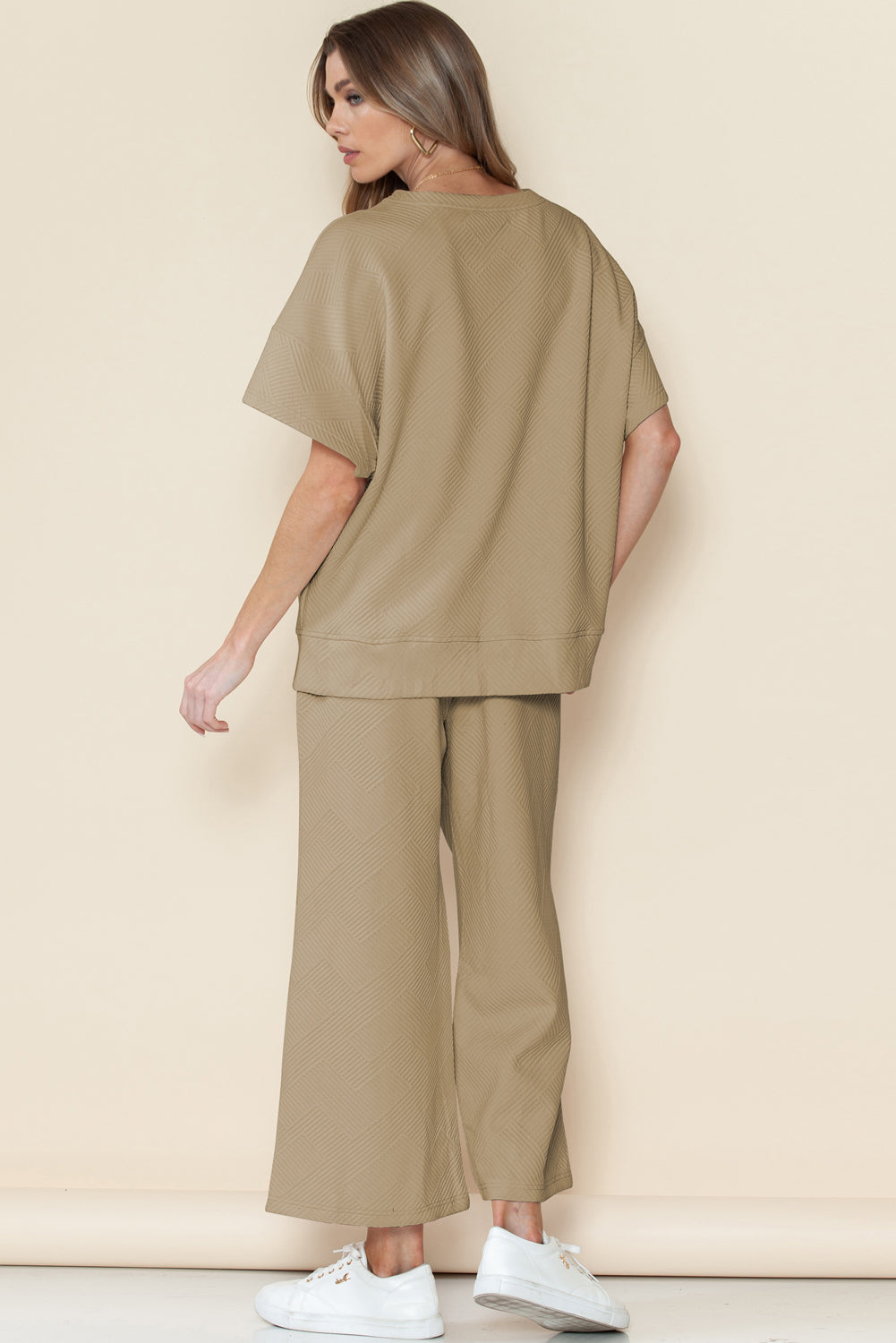 Gray Textured Loose Fit T Shirt & Drawstring Pants Set