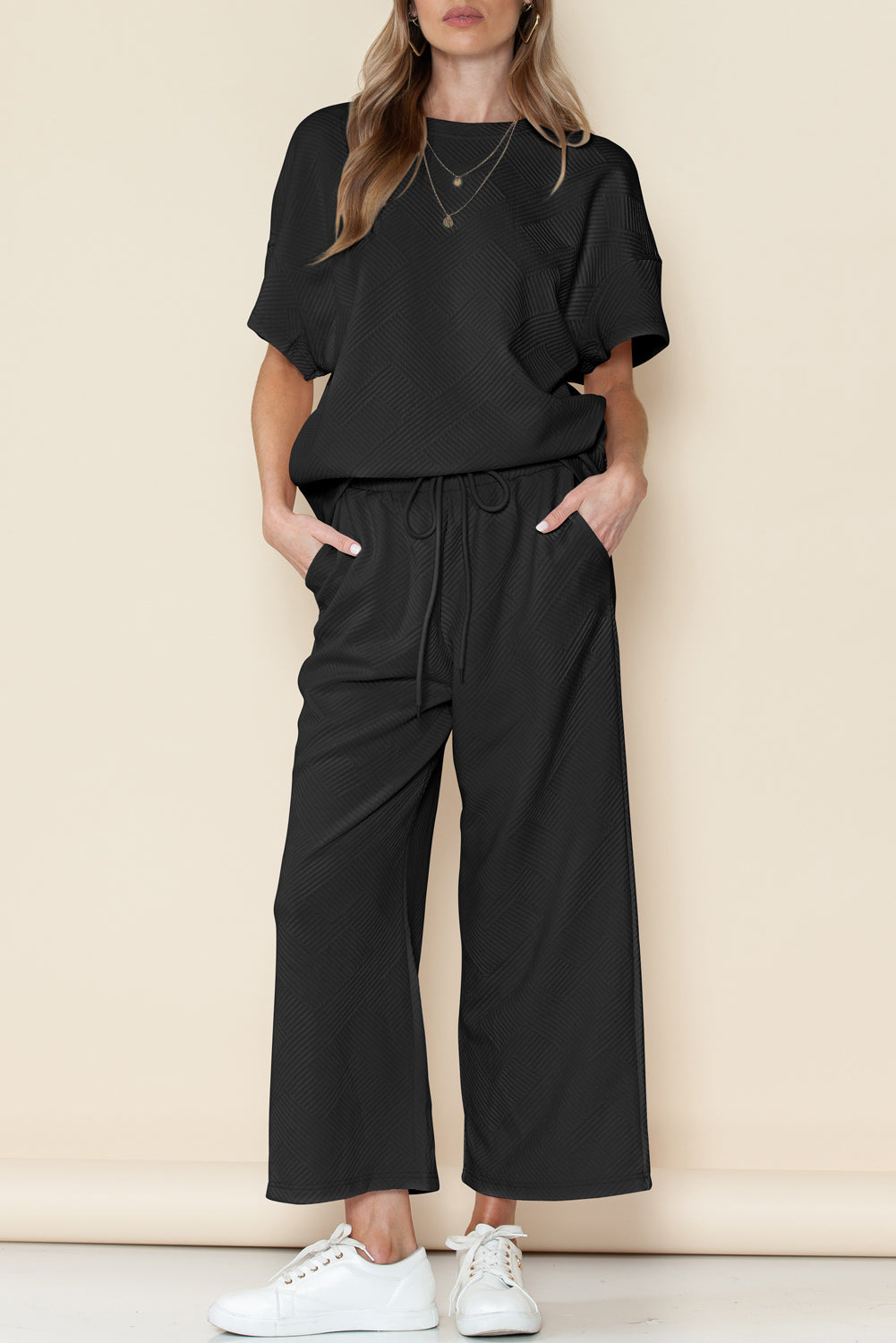 Gray Textured Loose Fit T Shirt & Drawstring Pants Set