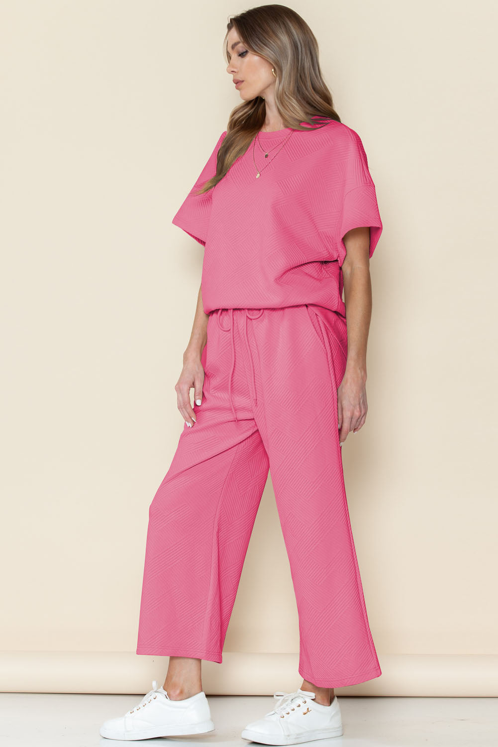 Gray Textured Loose Fit T Shirt & Drawstring Pants Set