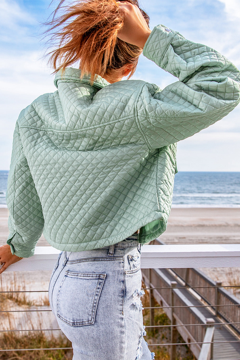 Gray Quilted Pocketed Zip Up Cropped Jacket