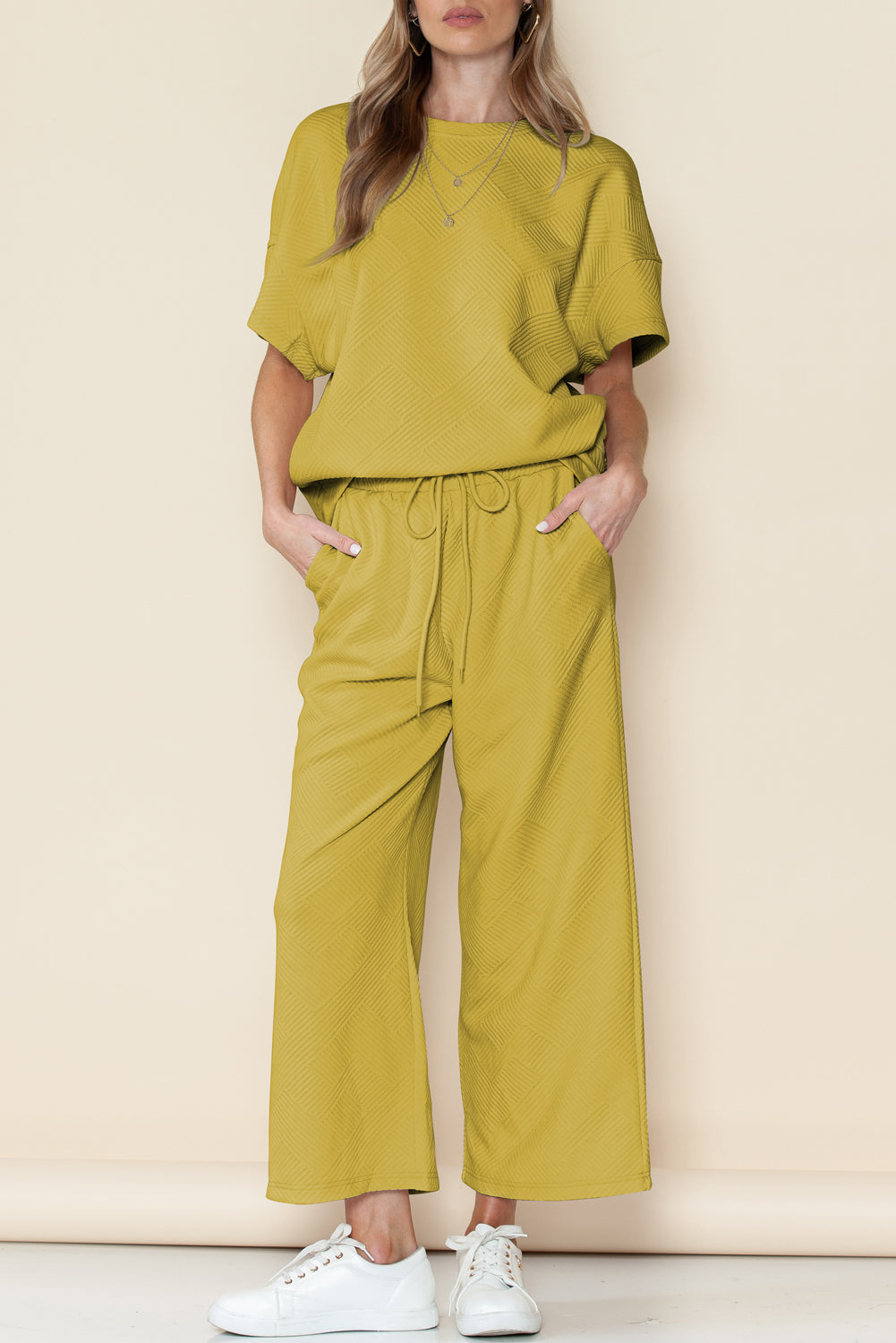 Gray Textured Loose Fit T Shirt & Drawstring Pants Set