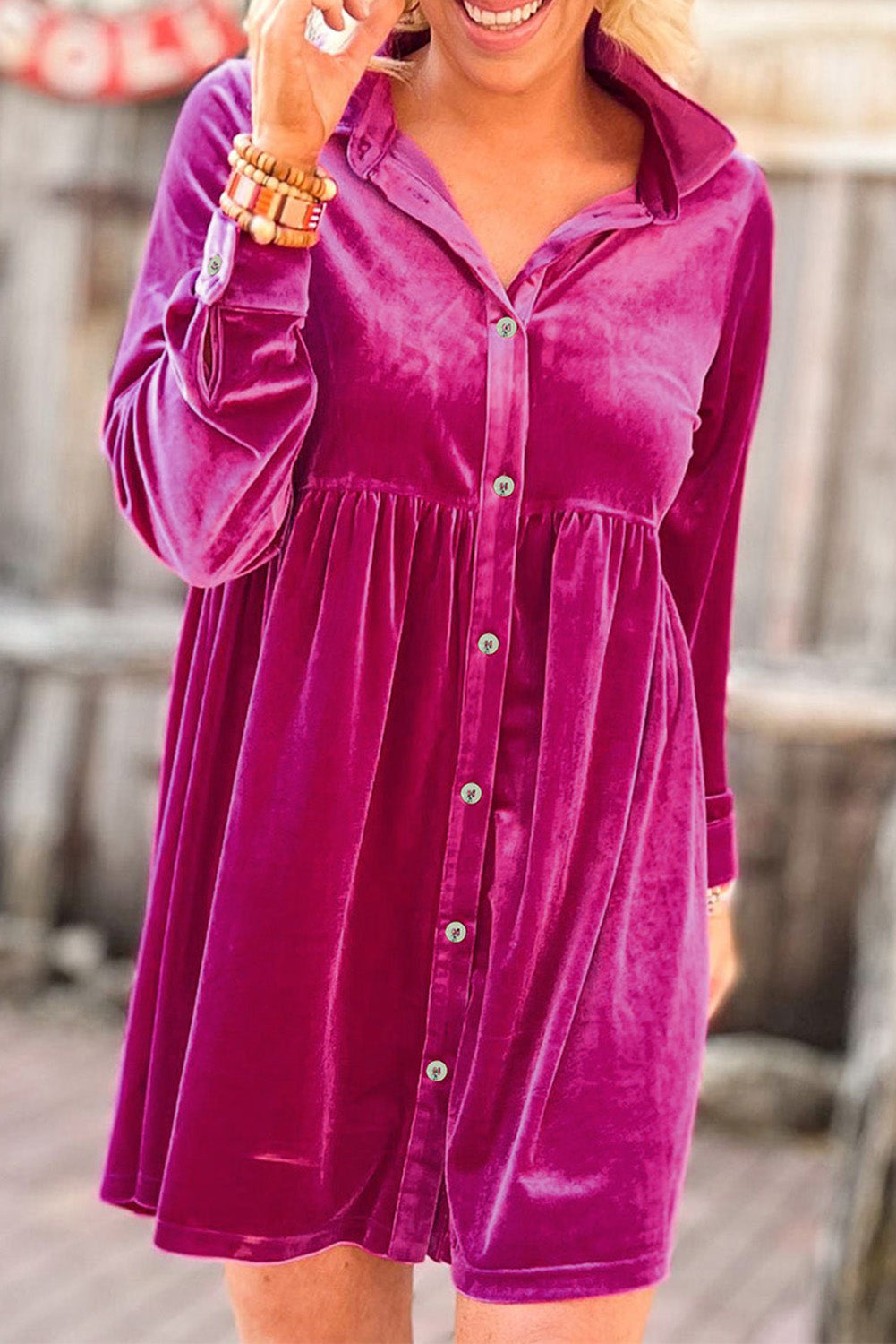 Rose Long Sleeve Ruffle Velvet Button Up Shirt Dress