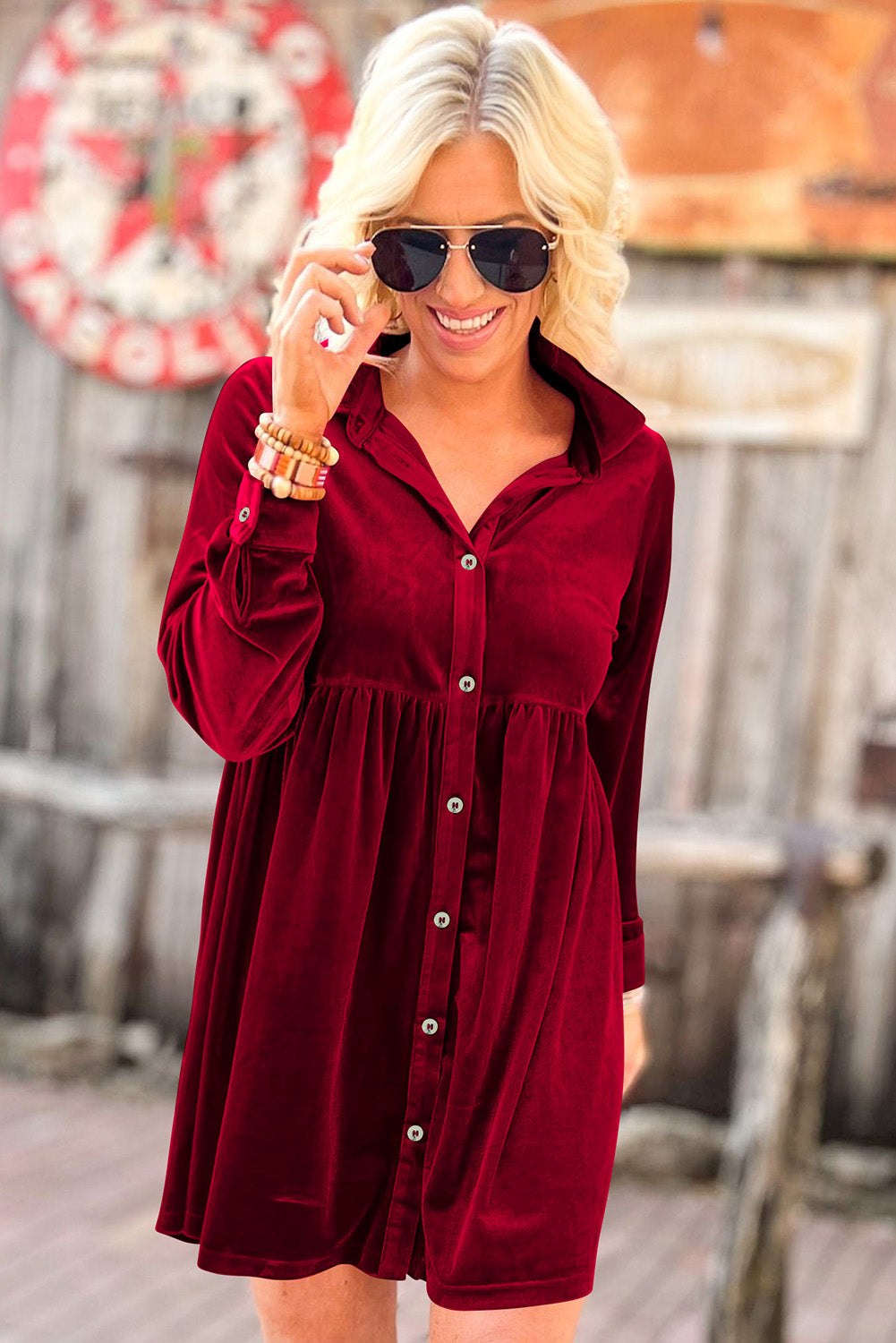 Rose Long Sleeve Ruffle Velvet Button Up Shirt Dress