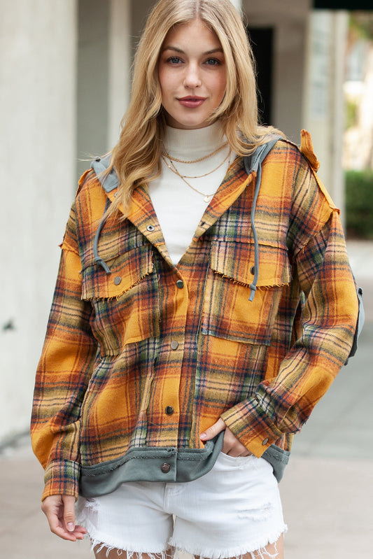Orange Plaid Patchwork Frayed Trim Snap Button Hooded Jacket
