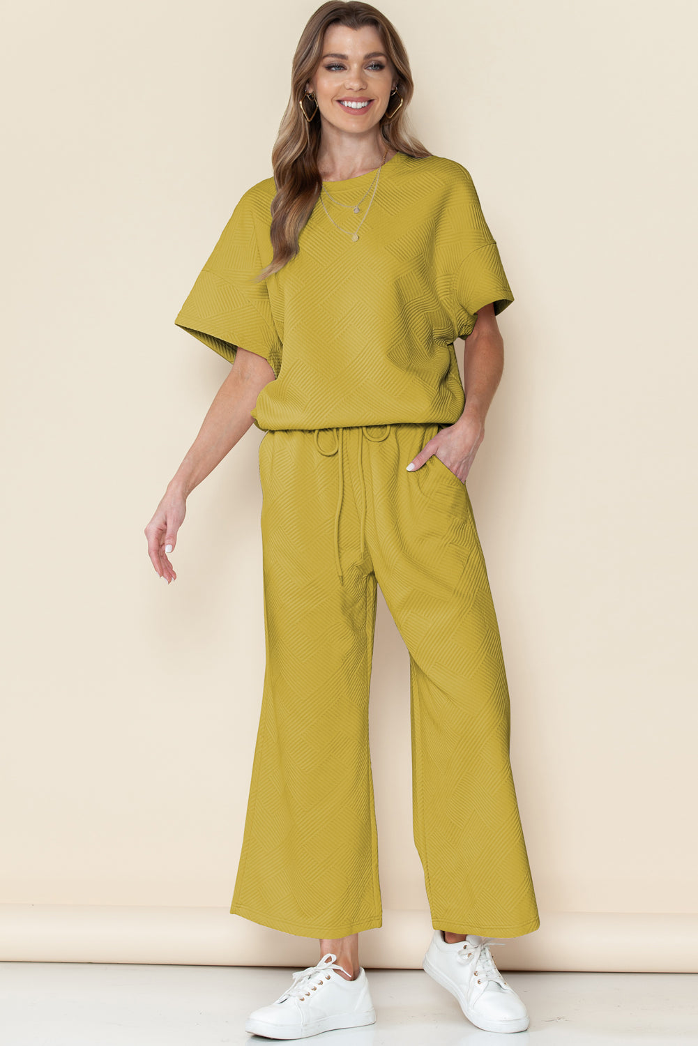 Gray Textured Loose Fit T Shirt & Drawstring Pants Set
