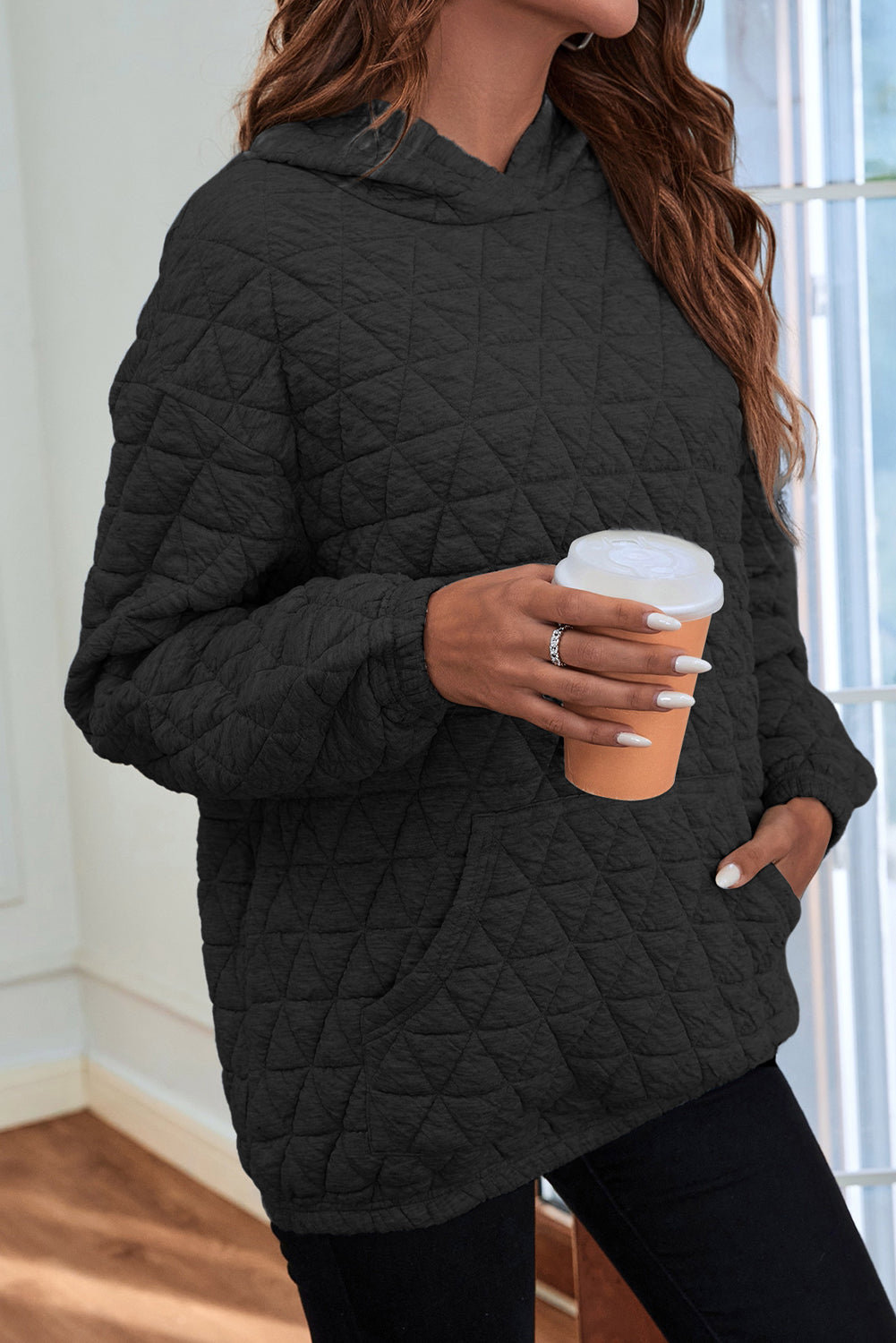 Black Thermal Quilted Kangaroo Pocket Hoodie