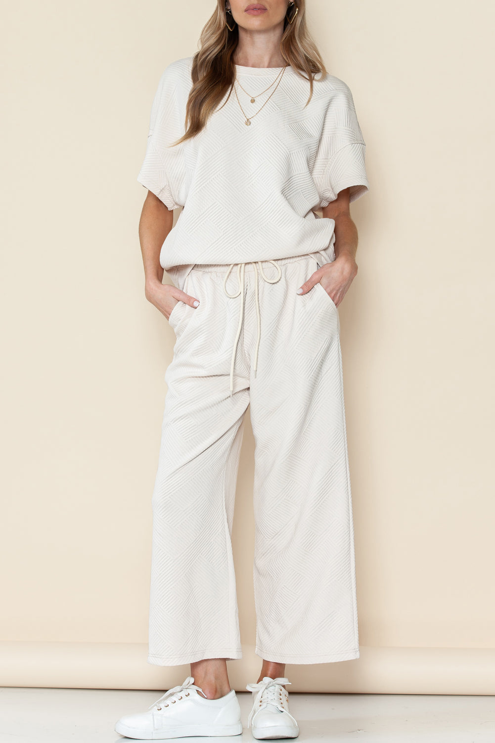 Gray Textured Loose Fit T Shirt & Drawstring Pants Set