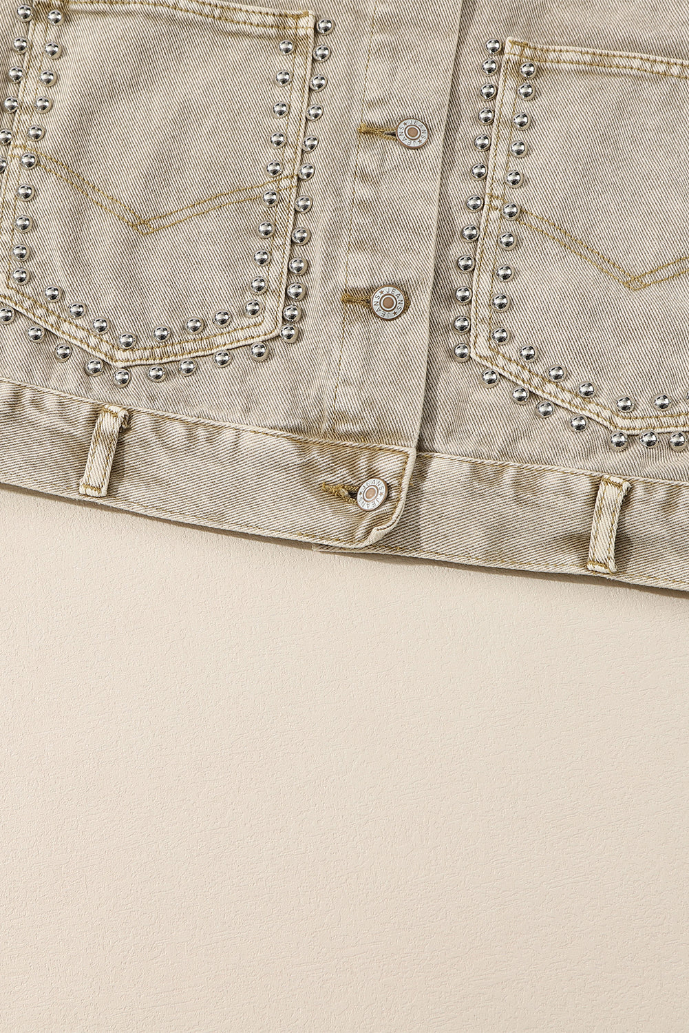 Khaki Rivets Pocketed Cropped Denim Jacket