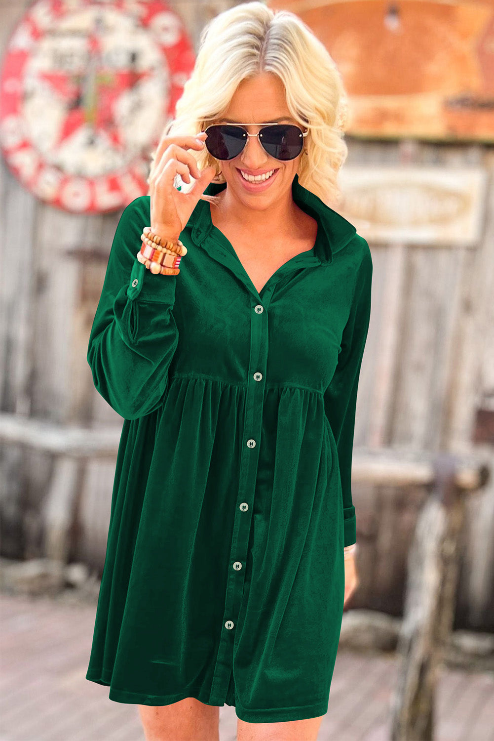 Rose Long Sleeve Ruffle Velvet Button Up Shirt Dress