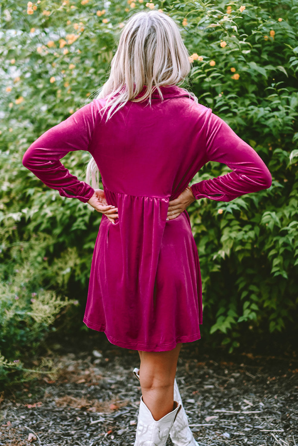 Rose Long Sleeve Ruffle Velvet Button Up Shirt Dress