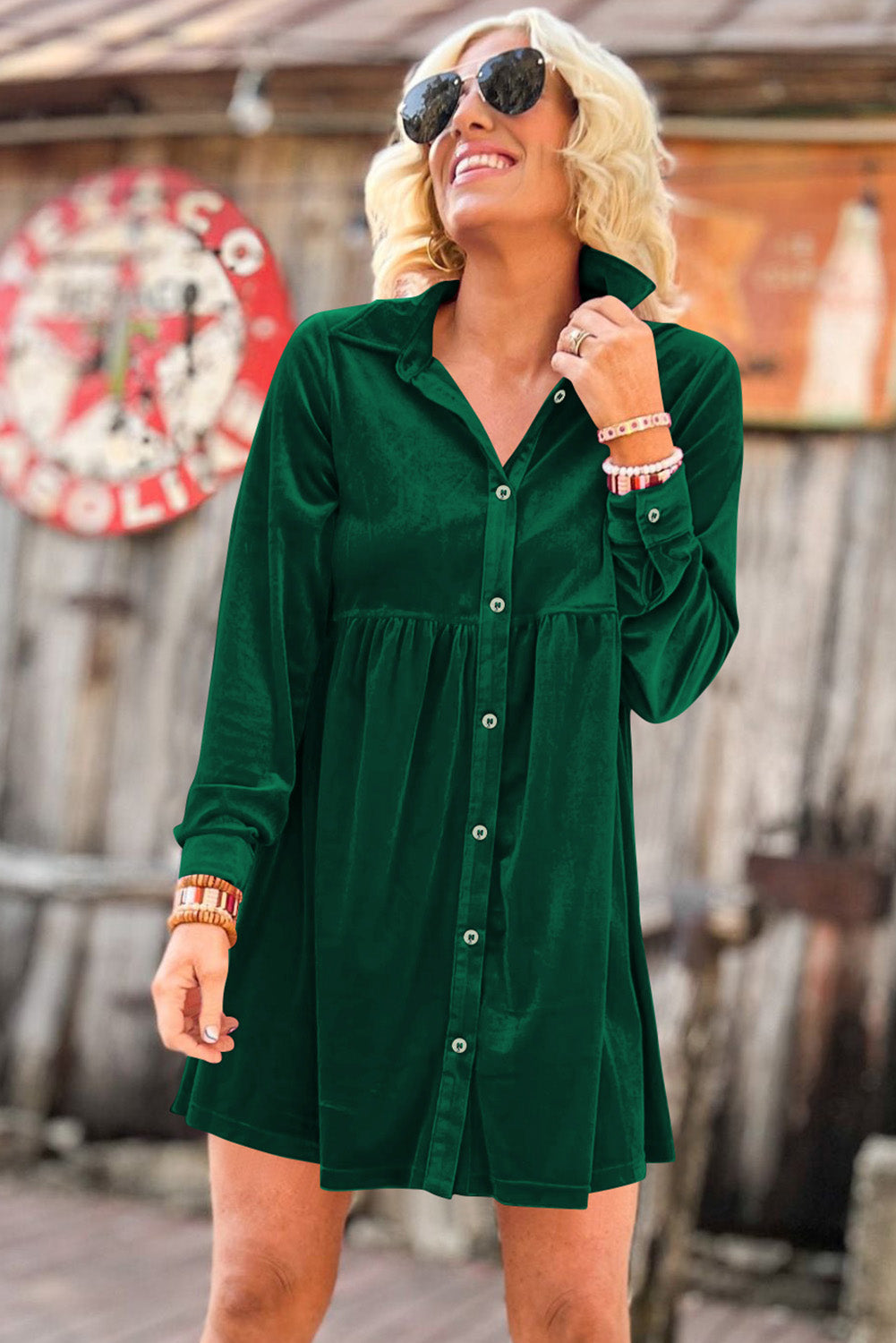 Rose Long Sleeve Ruffle Velvet Button Up Shirt Dress