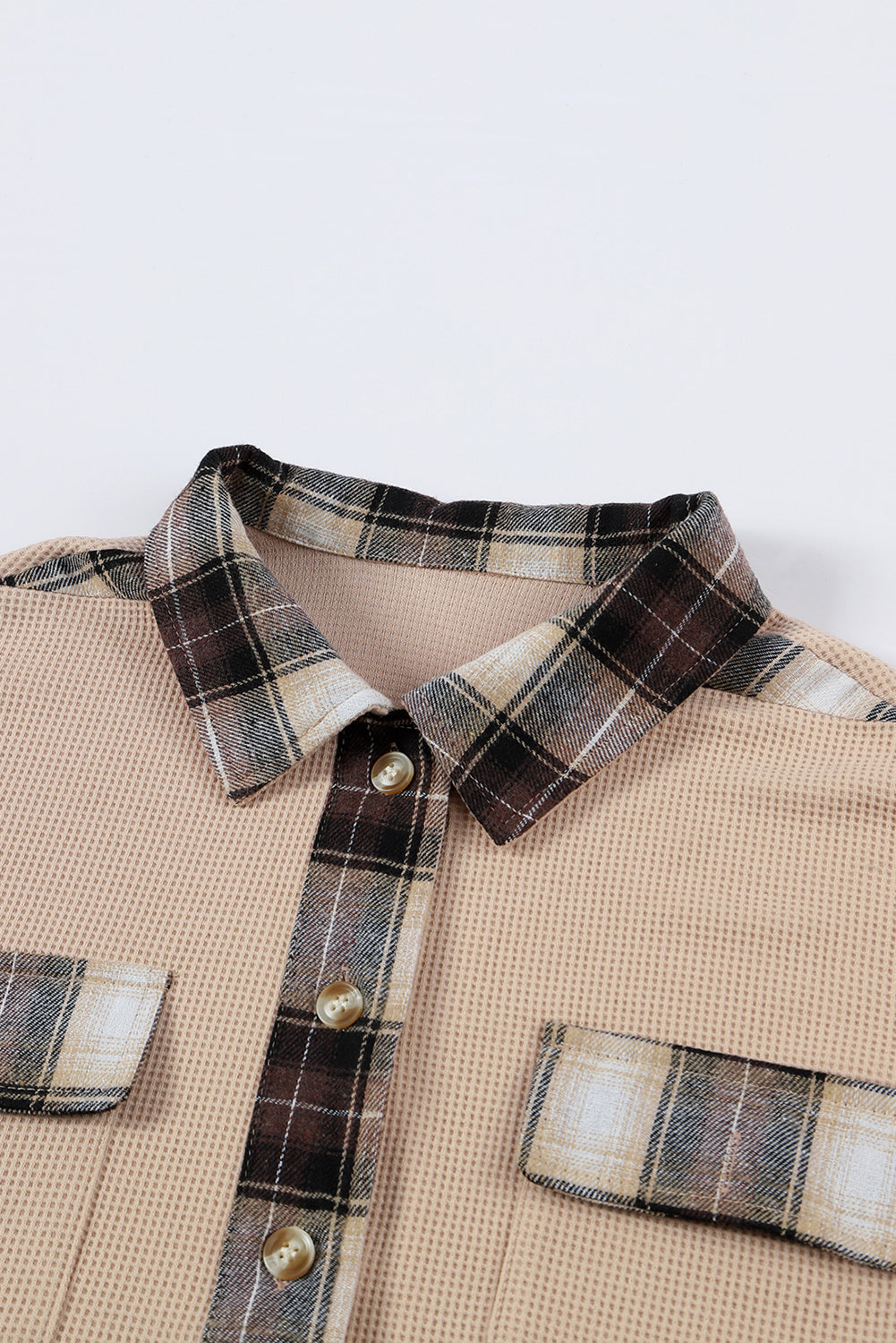 Apricot Plaid and Thermal Waffle Patchwork Shacket