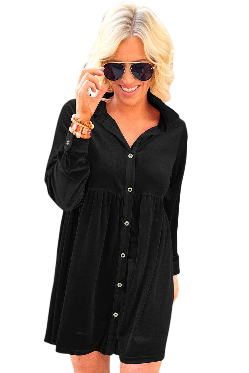 Rose Long Sleeve Ruffle Velvet Button Up Shirt Dress