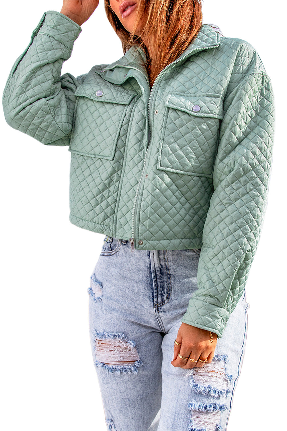 Gray Quilted Pocketed Zip Up Cropped Jacket