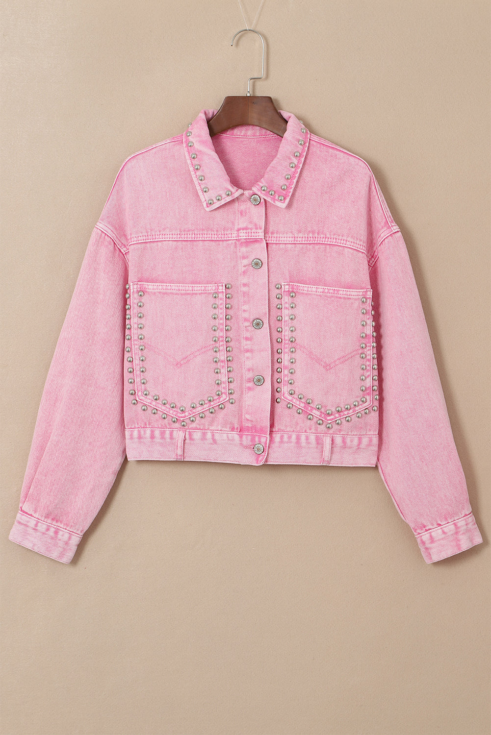 Khaki Rivets Pocketed Cropped Denim Jacket