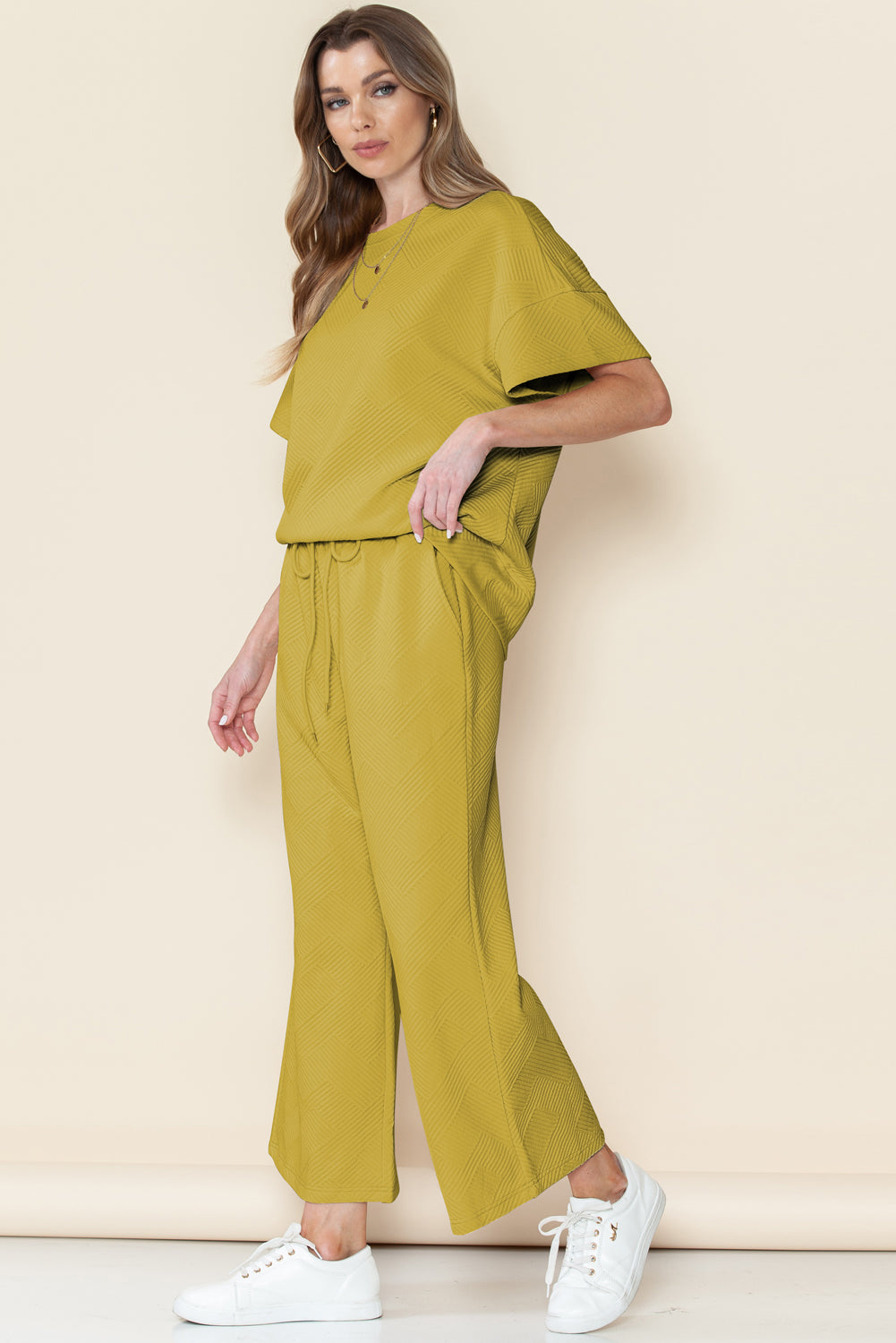 Gray Textured Loose Fit T Shirt & Drawstring Pants Set