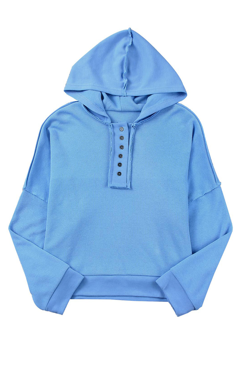 Light Blue Solid Patchwork Button Seam Trim Hoodie