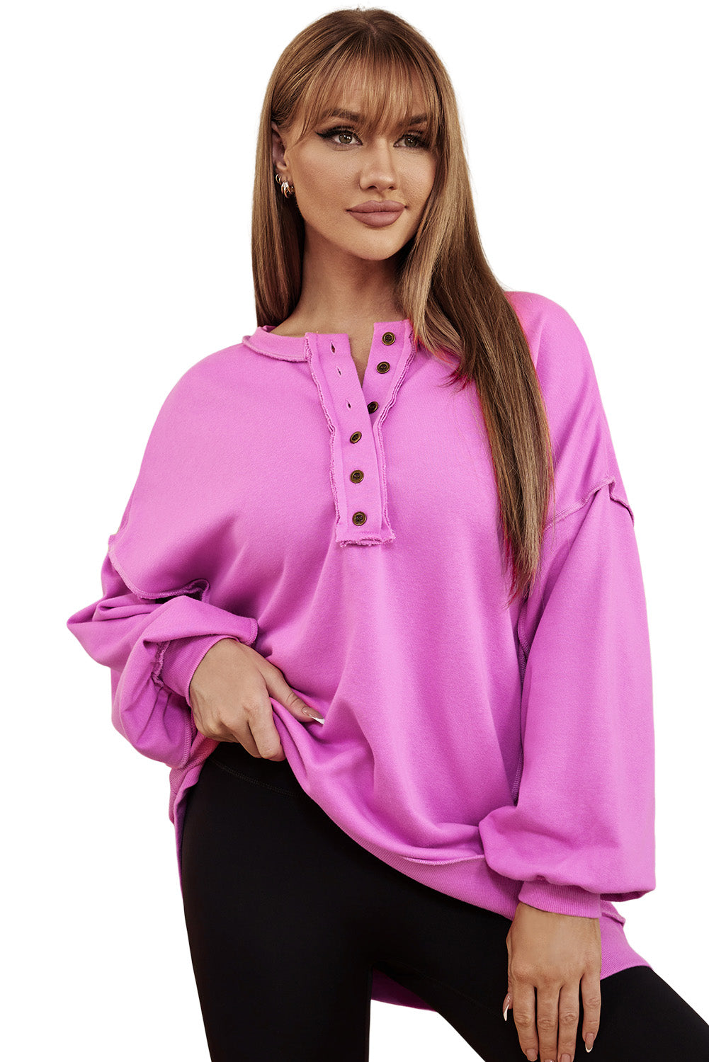 Green Patchwork Exposed Seam Oversized Henley Sweatshirt