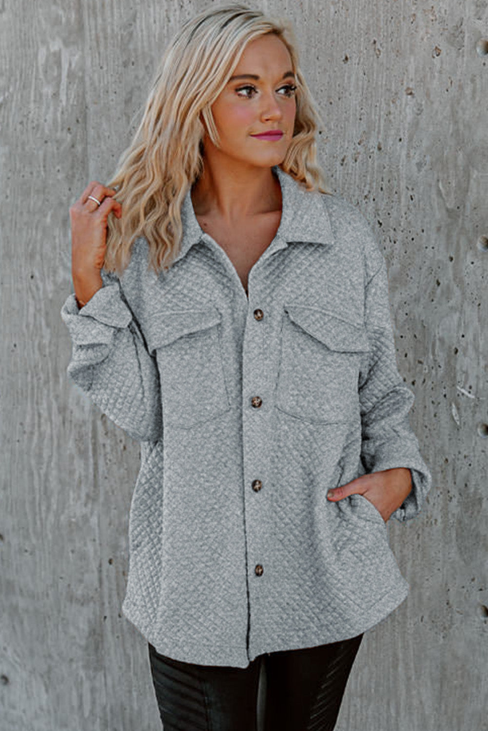 Gray Lattice Texture Retro Flap Pocket Button Quilted Shacket