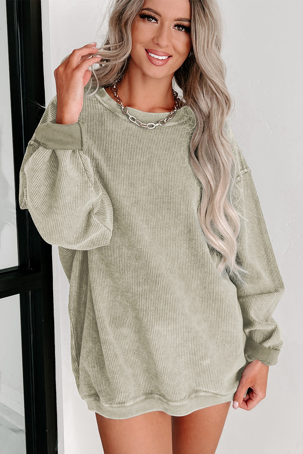 Plain Gray Solid Ribbed Knit Round Neck Pullover Sweatshirt