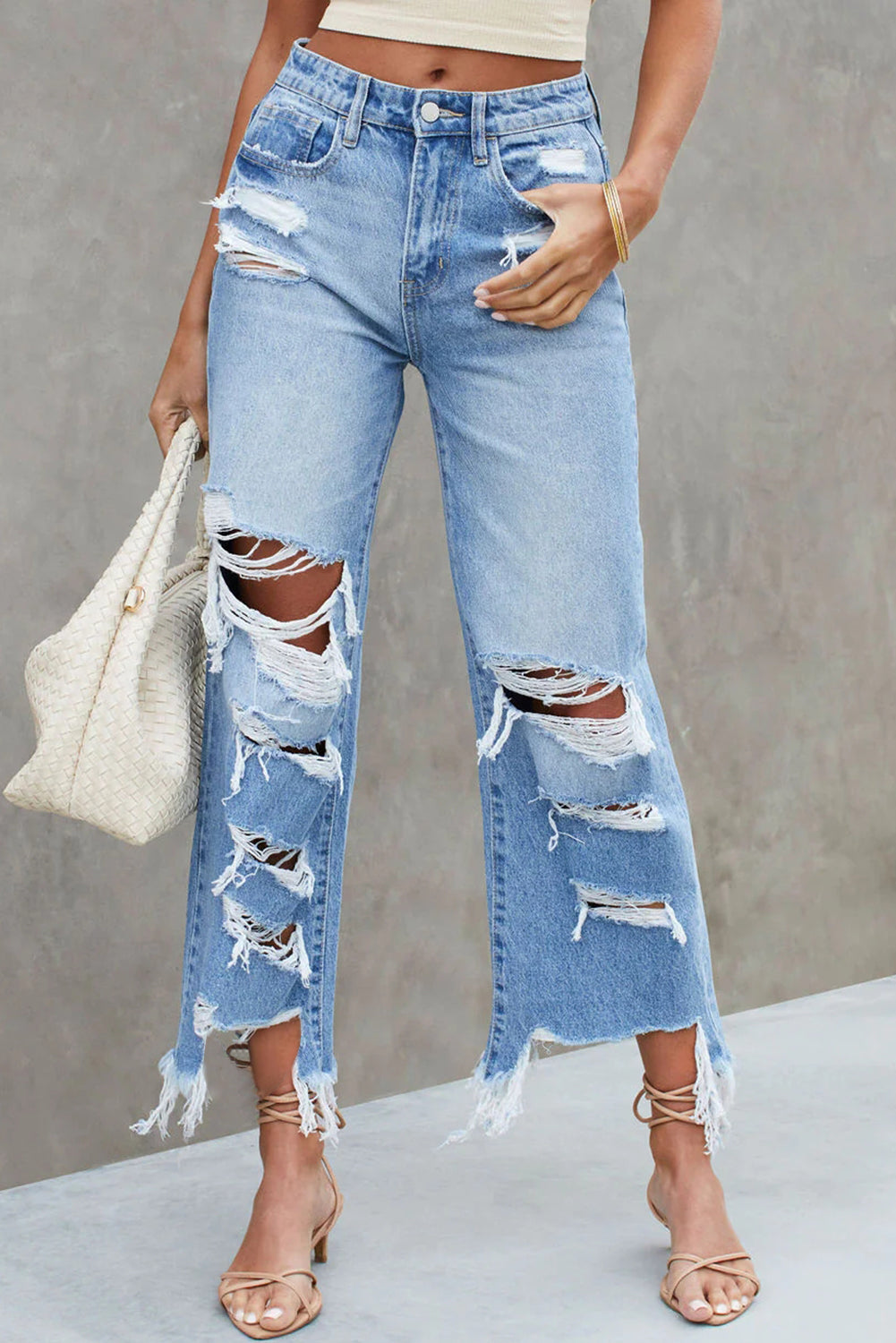 Blue Heavy Destroyed Raw Hem Wide Leg Jeans