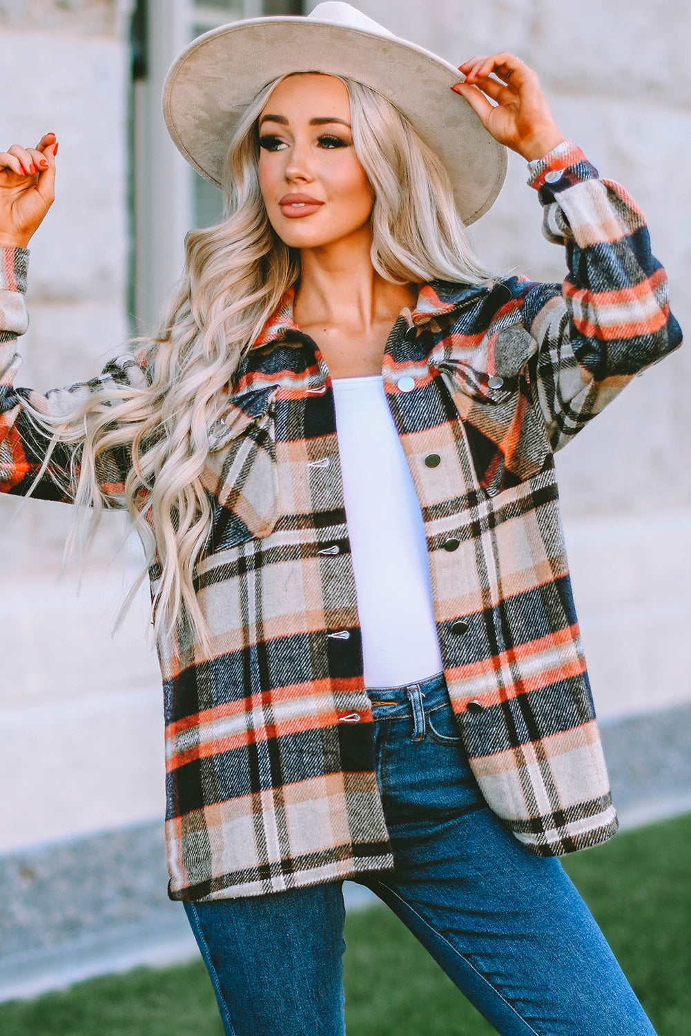 Khaki Plaid Print Casual Button Up Pocket Shacket