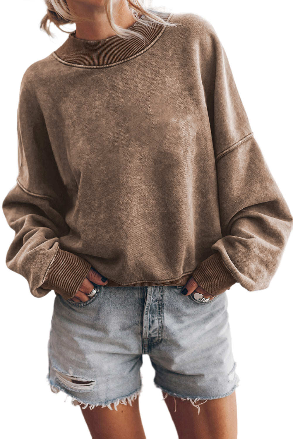 Brown Plain Drop Shoulder Crew Neck Pullover Sweatshirt