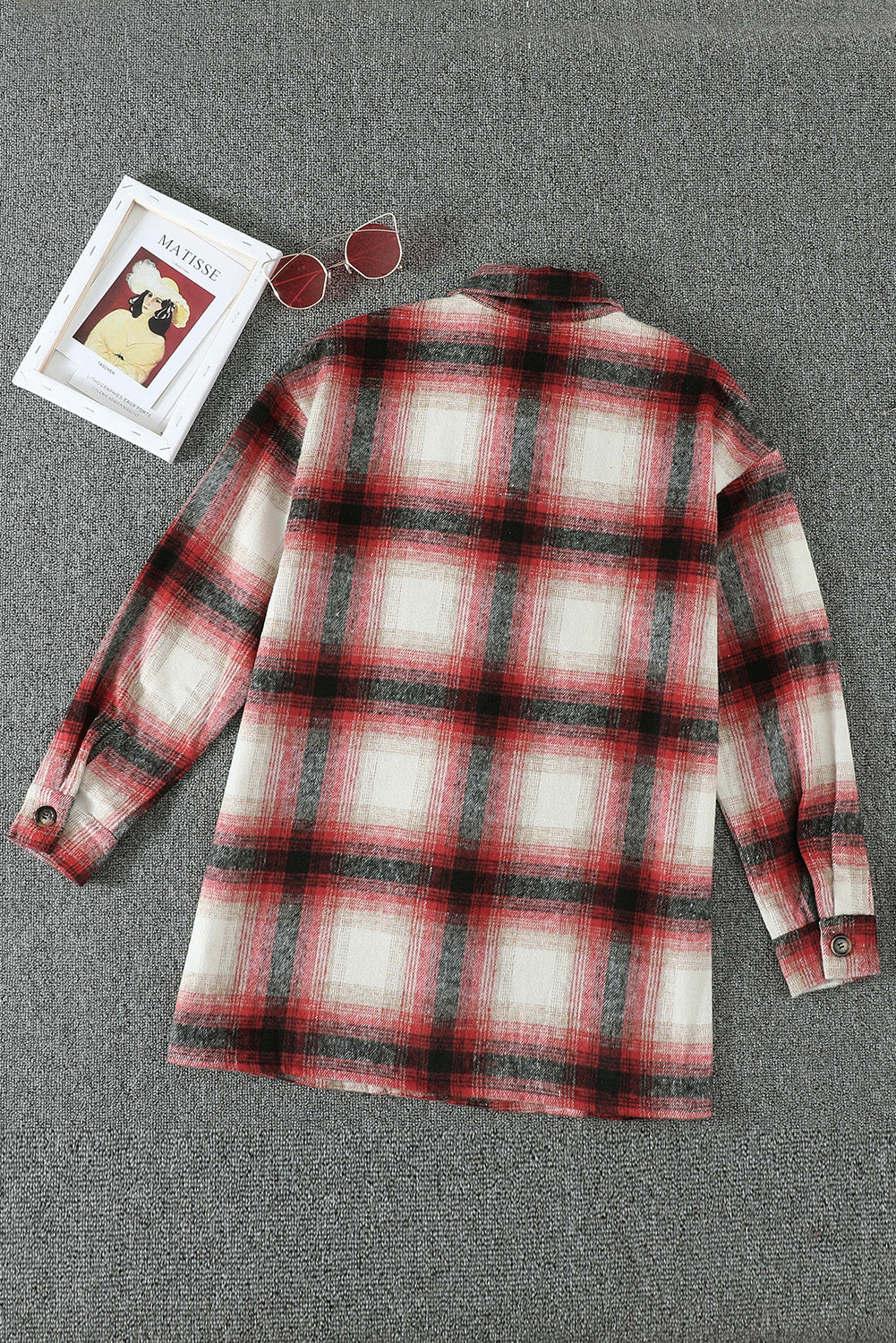 Red Plaid Turn Down Neck Pocket Buttoned Shacket