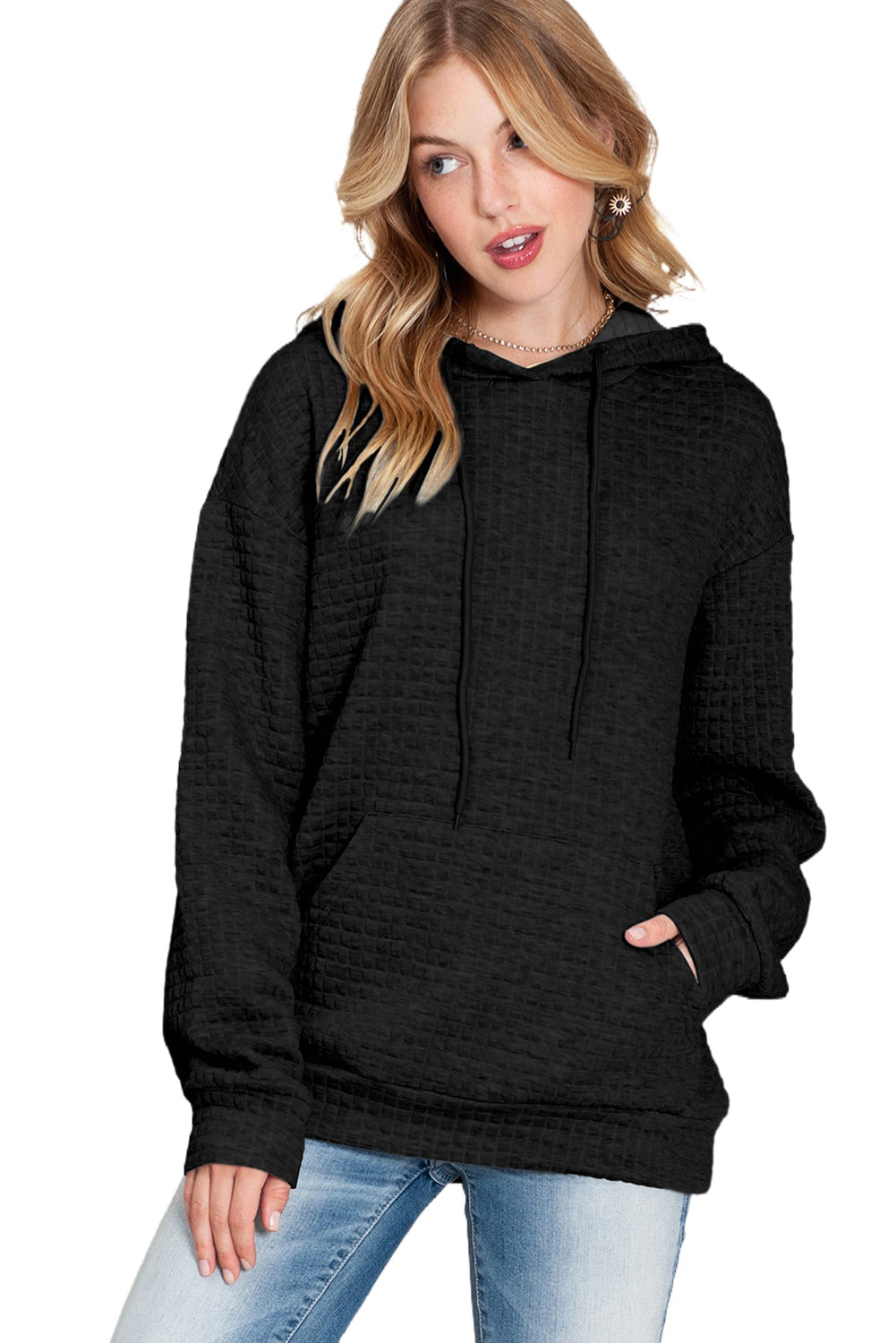 Black Lattice Textured Kangaroo Pocket Drawstring Hoodie