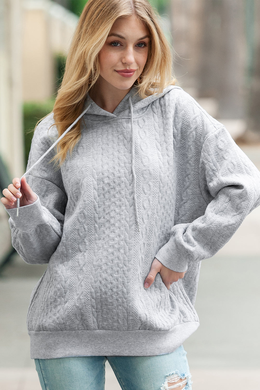 White Cable Textured Casual Drawstring Hoodie