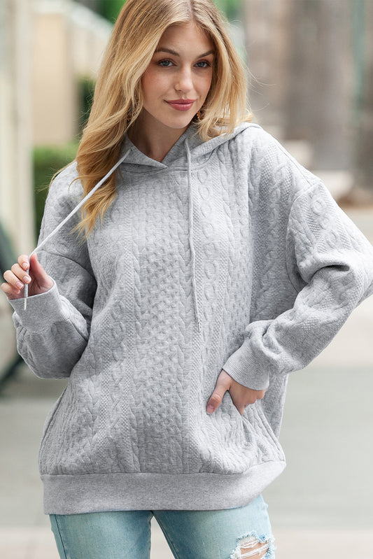 White Cable Textured Casual Drawstring Hoodie