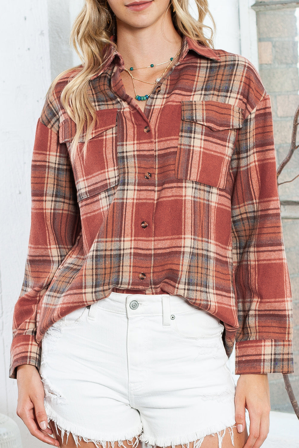 Multicolor Plaid Colorblock Button Up Shacket