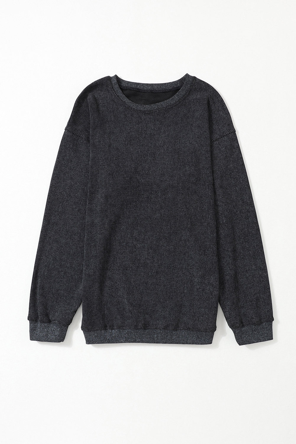 Plain Gray Solid Ribbed Knit Round Neck Pullover Sweatshirt