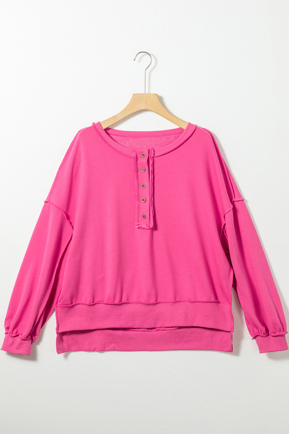 Hot Pink Slouchy Drop Shoulder Henley Sweatshirt