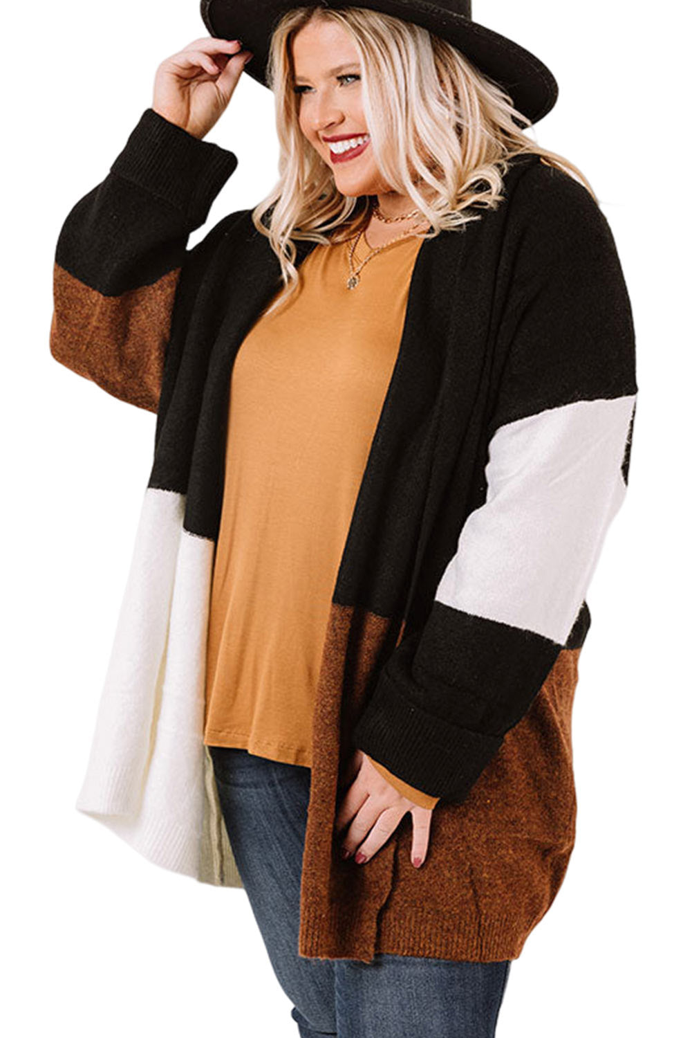 Brown Color Block Plus Size Open Front Cardigan