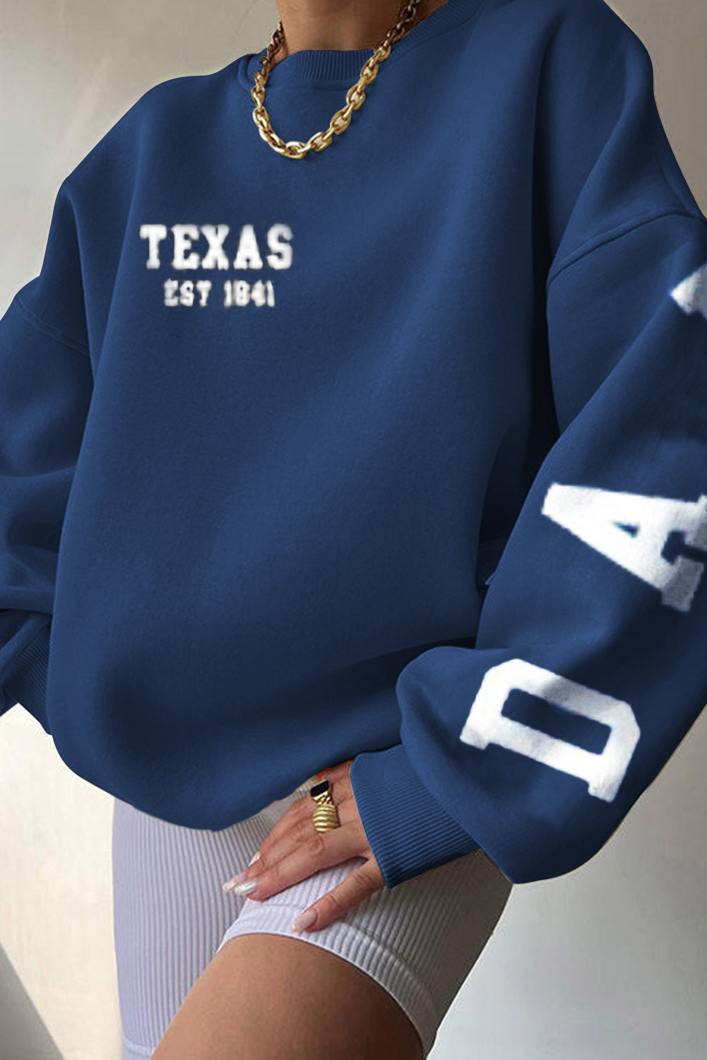 Blue Letter Print Crewneck Fleece Oversized Sweatshirt