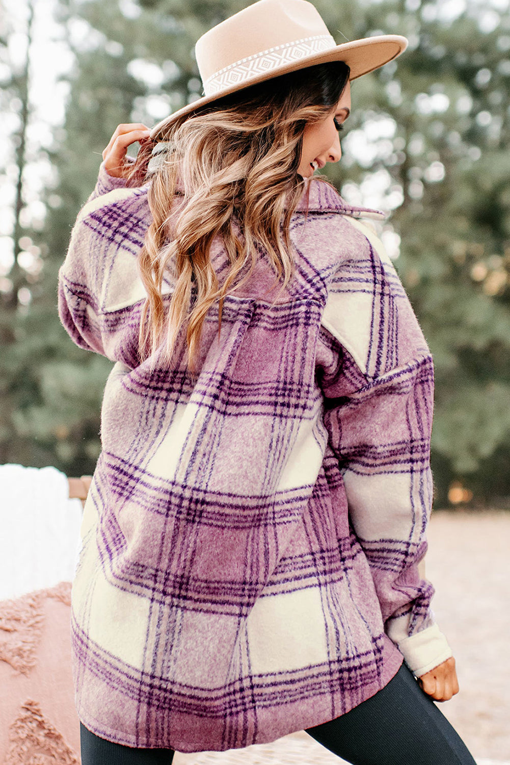 Pink Casual Button Up Plaid Shacket with Pocket