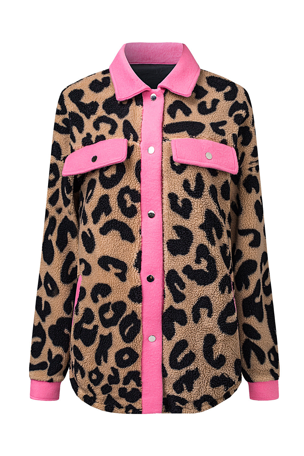 Cheetah Print Casual Contrast Binding Pocket Fur Shacket