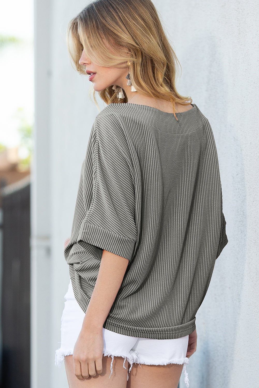 Gray Boatneck Batwing Sleeve Cording Blouse