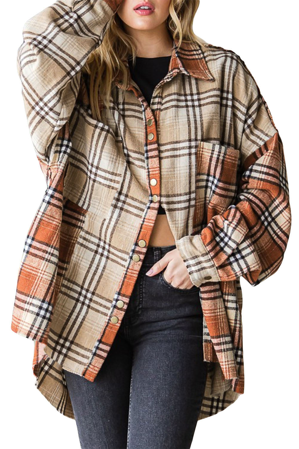 Khaki Plaid Chest Pocket Oversized Rounded Hem Shacket