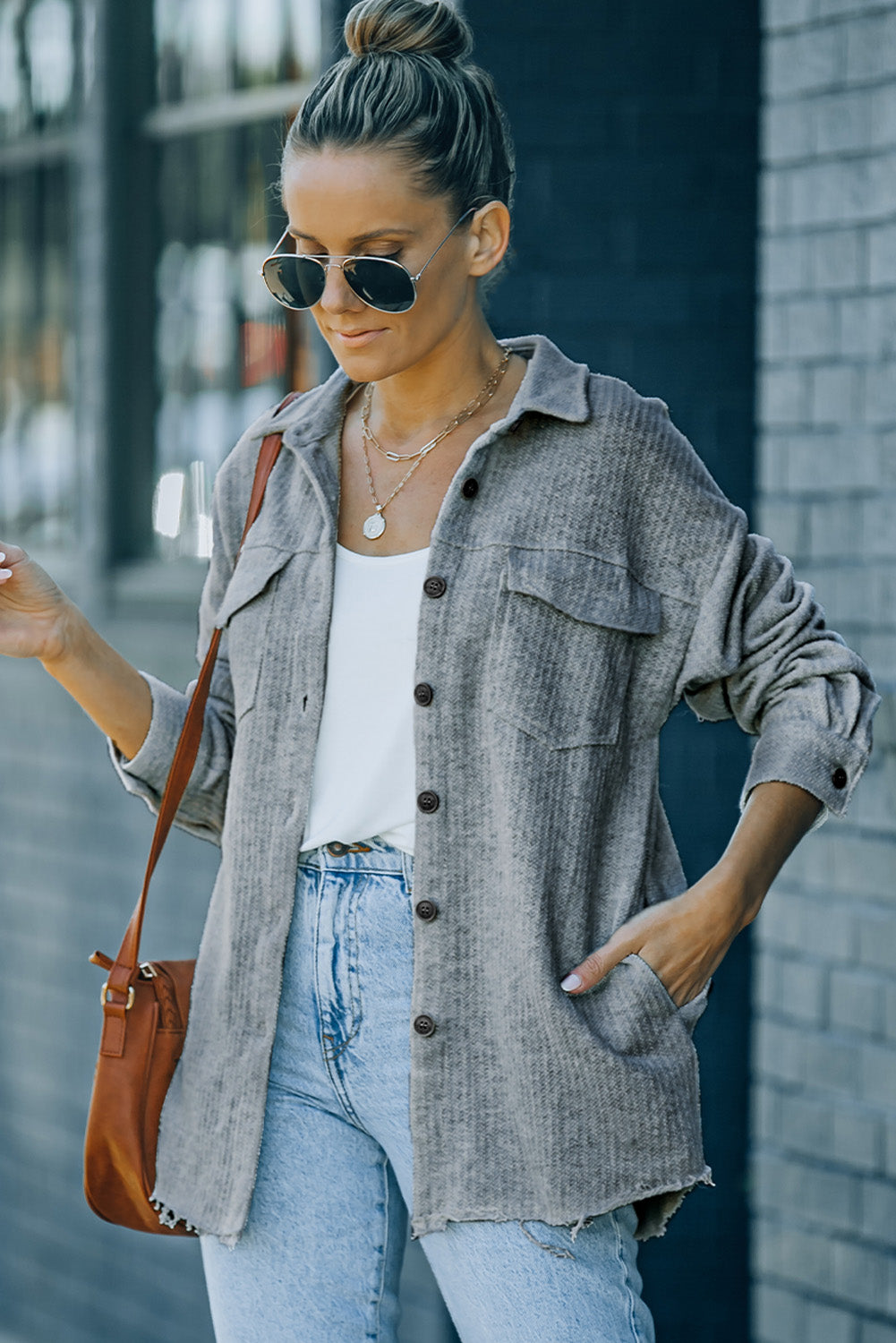 Grey Textured Button Down Pocket Shirt Shacket