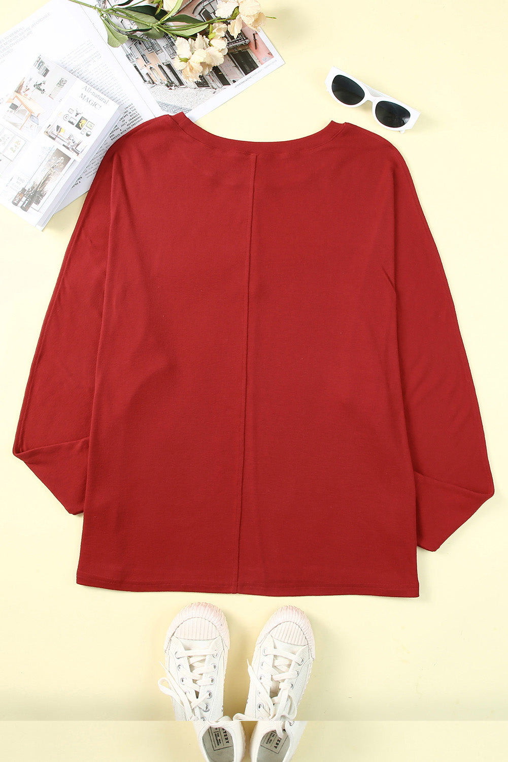 Red Basic Solid Color Seam Patchwork Long Sleeve Top